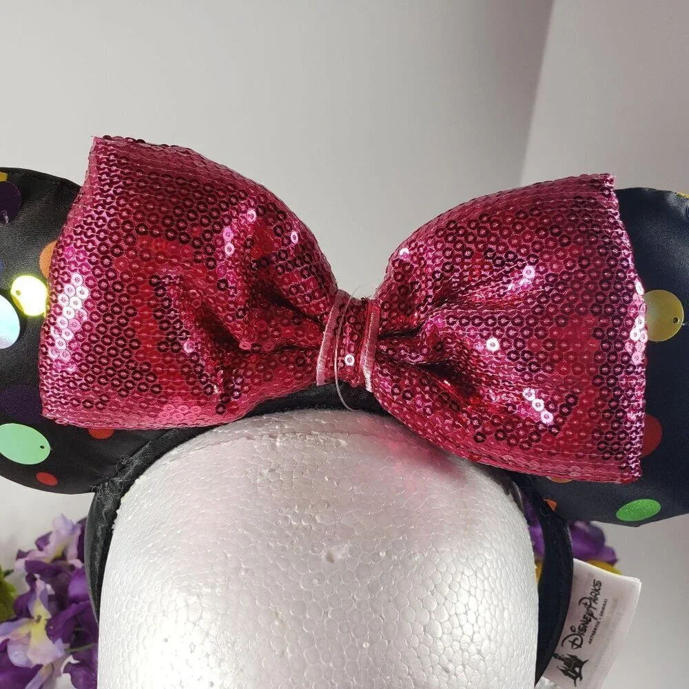 Disney Minnie Mouse Ears Headband Polka Dot Black Sequins Bow Hair Accessories